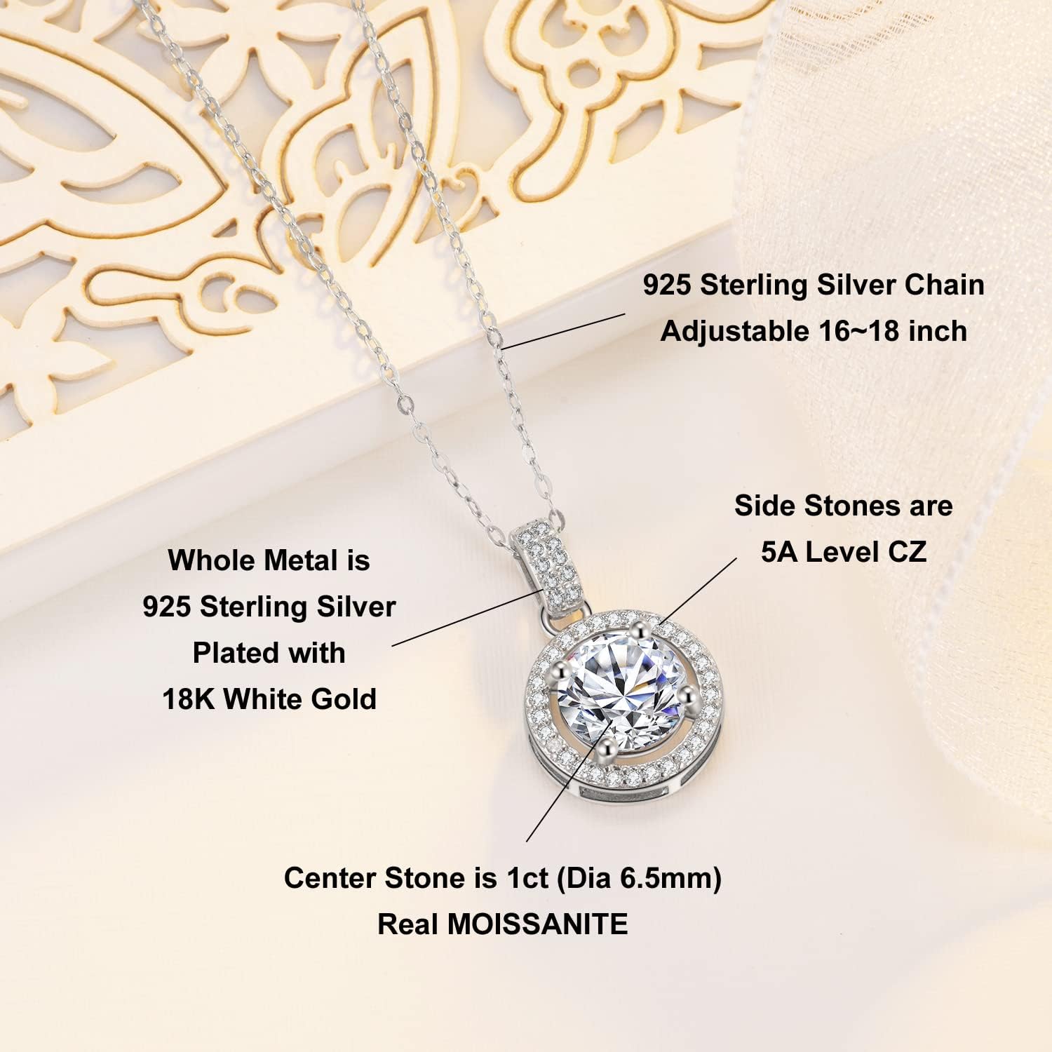 SecreTalk 1-4CT Moissanite Pendant Necklace for Women, Halo Round 925 Sterling Silver Necklace Gift for Wife Mother Her