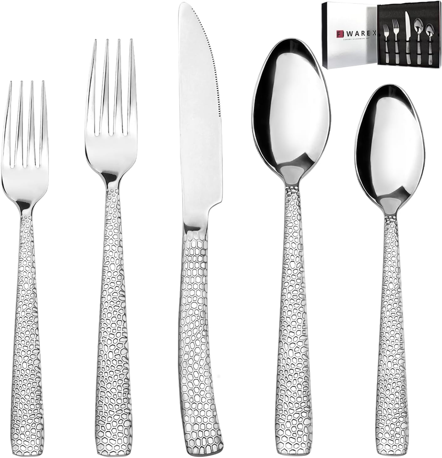 Hammered Silverware Set, 20 Piece 18/10 Stainless Steel Square Flatware Set For 4, Luxury and Durable Cutlery Set, Forks Spoons and Knives Set with Gift Box, Mirror Polished, Dishwasher Safe