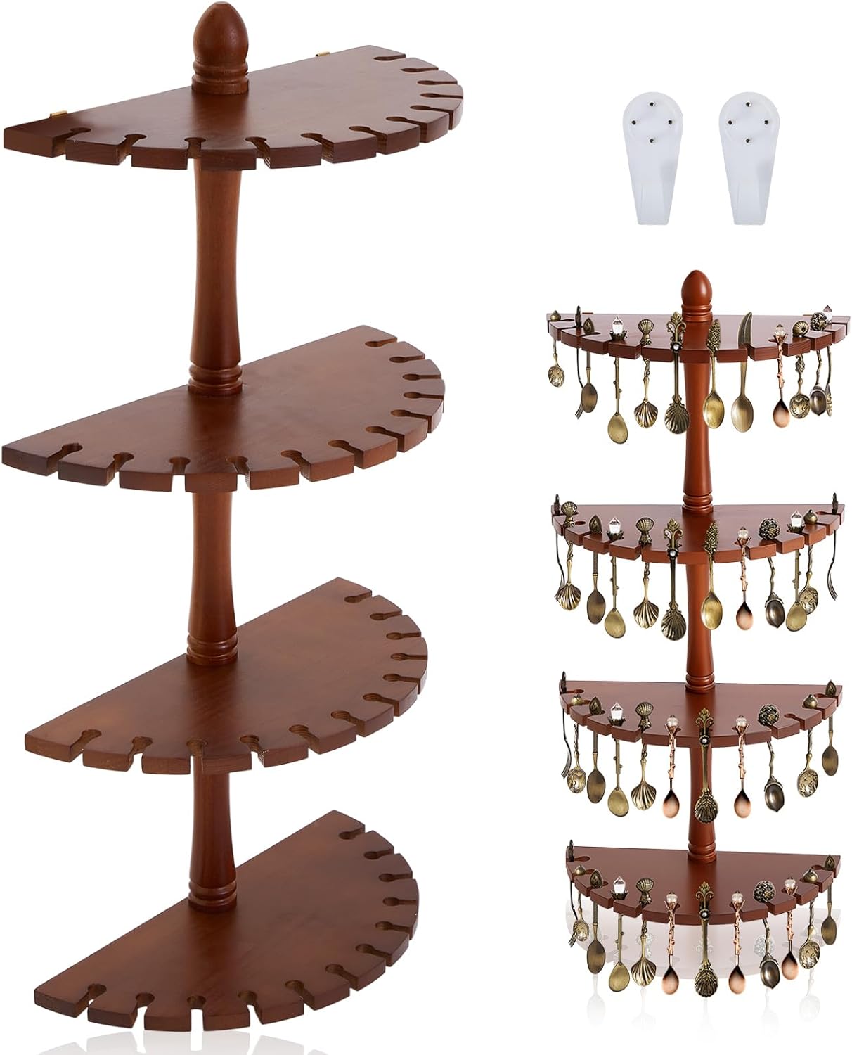 Curved Brown Wood Spoon Display Case Wall Mountable 48 Spoon Rack 4 Shelves for Kitchen Dining Room 26" H x 11.25" W x 4" D