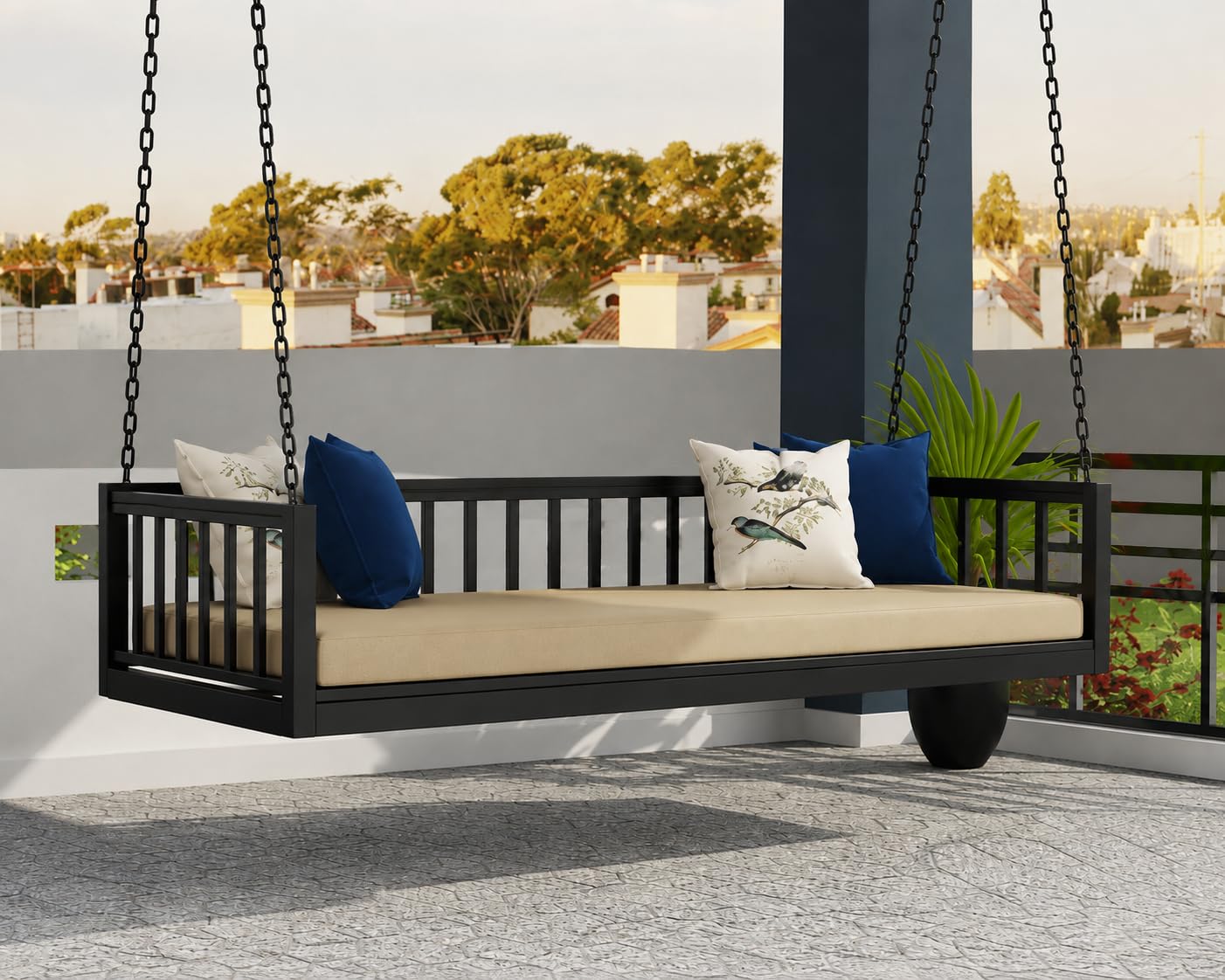 Metal Frame Swing Metal Hanging Swing Bed for Indoor & Outdoor | Powder Coated Iron Jhula with Soft Seat Cushion | Modern Hanging Daybed for Balcony, Living Room, Patio & Garden | Black-picture-28