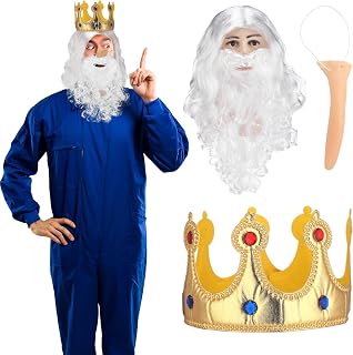 3 Pcs Halloween King Costume Set White Wig and Beard Long Rubber Nose Gold Crown for Adults Kids Fantasy Dress up Halloween Party Accessory
