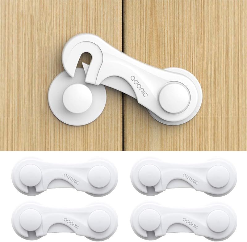 Cabinet Locks Baby Proofing (4-Pack) - Child Proof Safety Locks for Kitchen Drawers, Closets & Storage - No Drilling, Strong Adhesive Design for Toddler Protection (White)