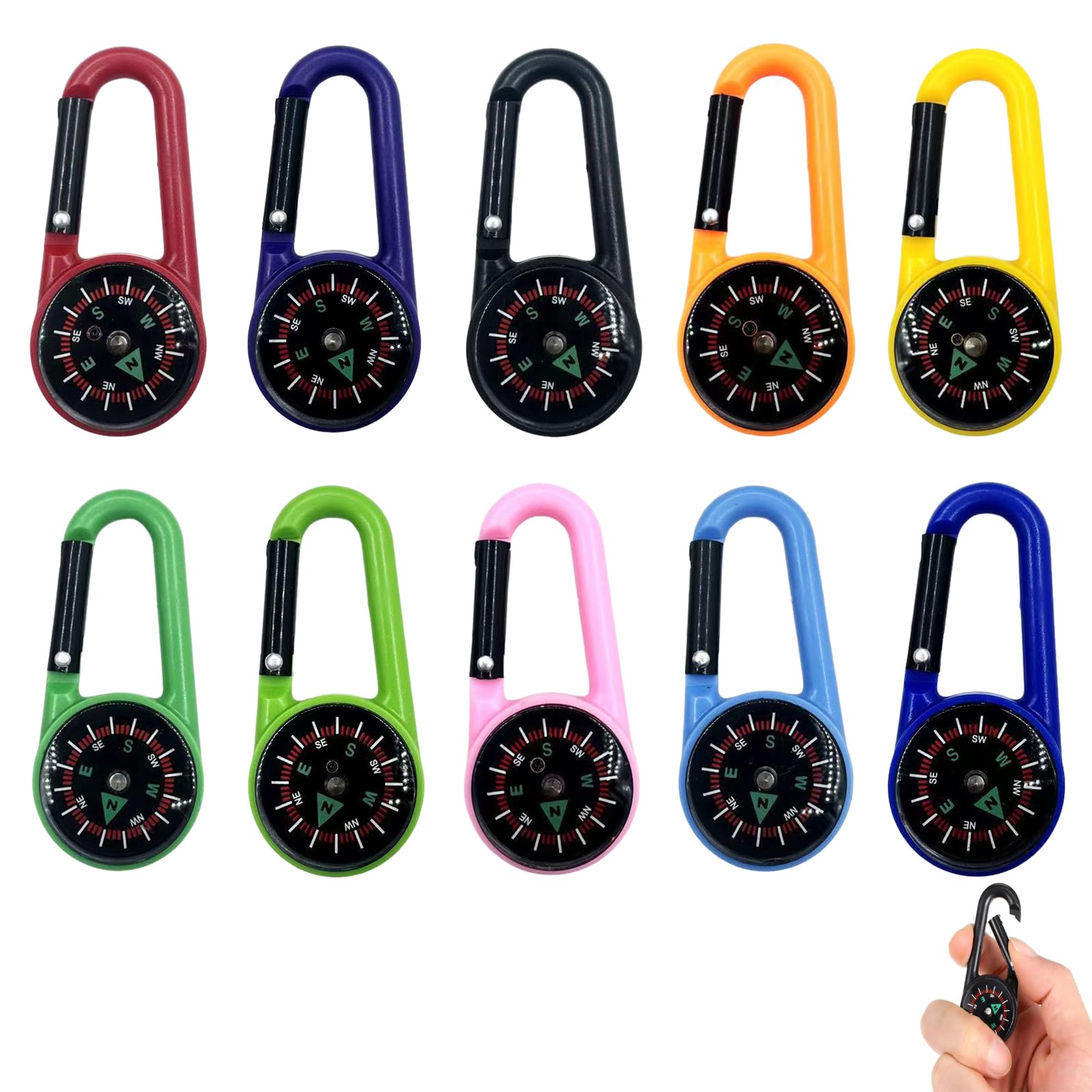 10 pezzi bussola con moschettone, portachiavi mini bussola, 10 colori, multifunzione, portatile, per attività all'aperto, escursioni, campeggio, montagne, per bambini e adulti
