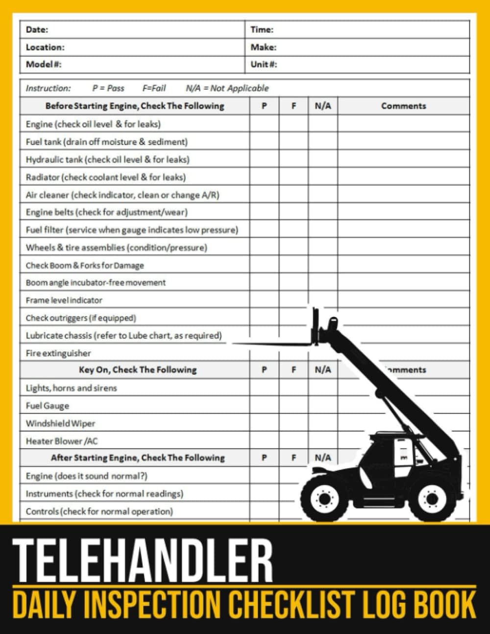 Telehandler Daily Inspection Checklist Log Book: Telehandlers Pre-Use Inspection Checklist, Telescopic Handler Inspection Checklist, Telehandler Safety Checklist, 100 Pages, Large Print 8.5 x 11 in Paperback – October 30, 2022