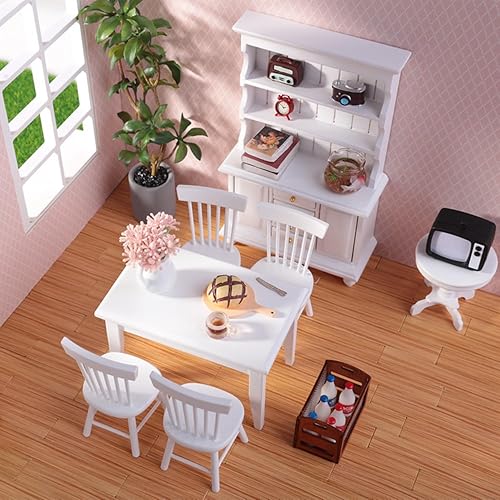 Miniatura 4 de Juego de sillas de mesa de casa de muñecas 1/12, 17 piezas de muebles de cocina en miniatura de madera con accesorios de desayuno para comedor