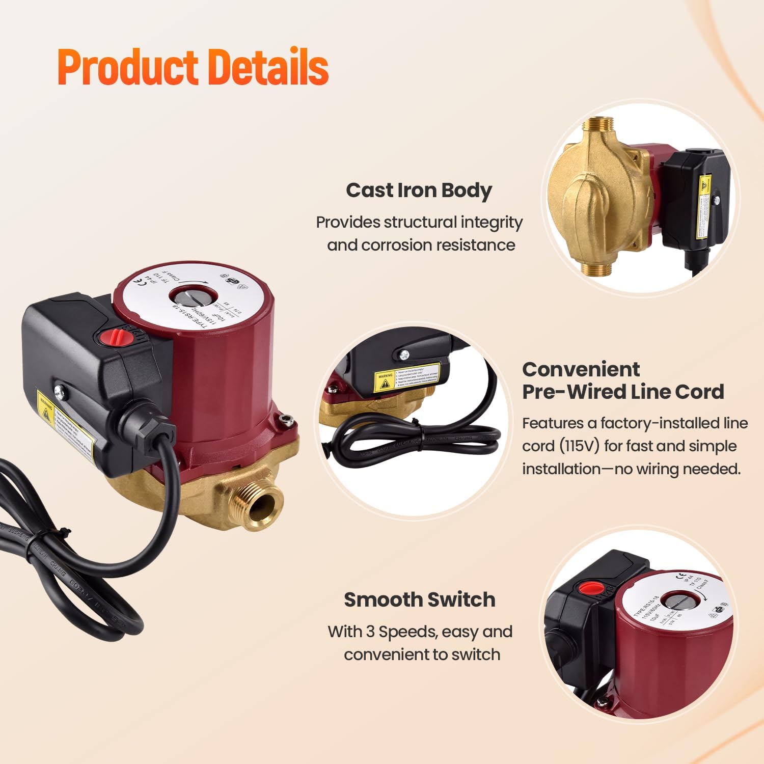 UP15-18B5, 59896114 Water Circulator Pump 1/25 HP 115V, 1/2" Sweat Line Cord Hot Water Circulation Pump for Hydronic Heating, Radiant Floor, Solar, and Domestic Hot Water Systems