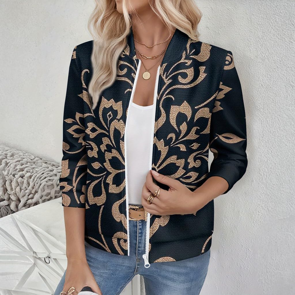 Retro Floral Print Zipper Baseball Jacket Machine Washed Full Zipper Casual Jacket, Autumn and Winter Fashion