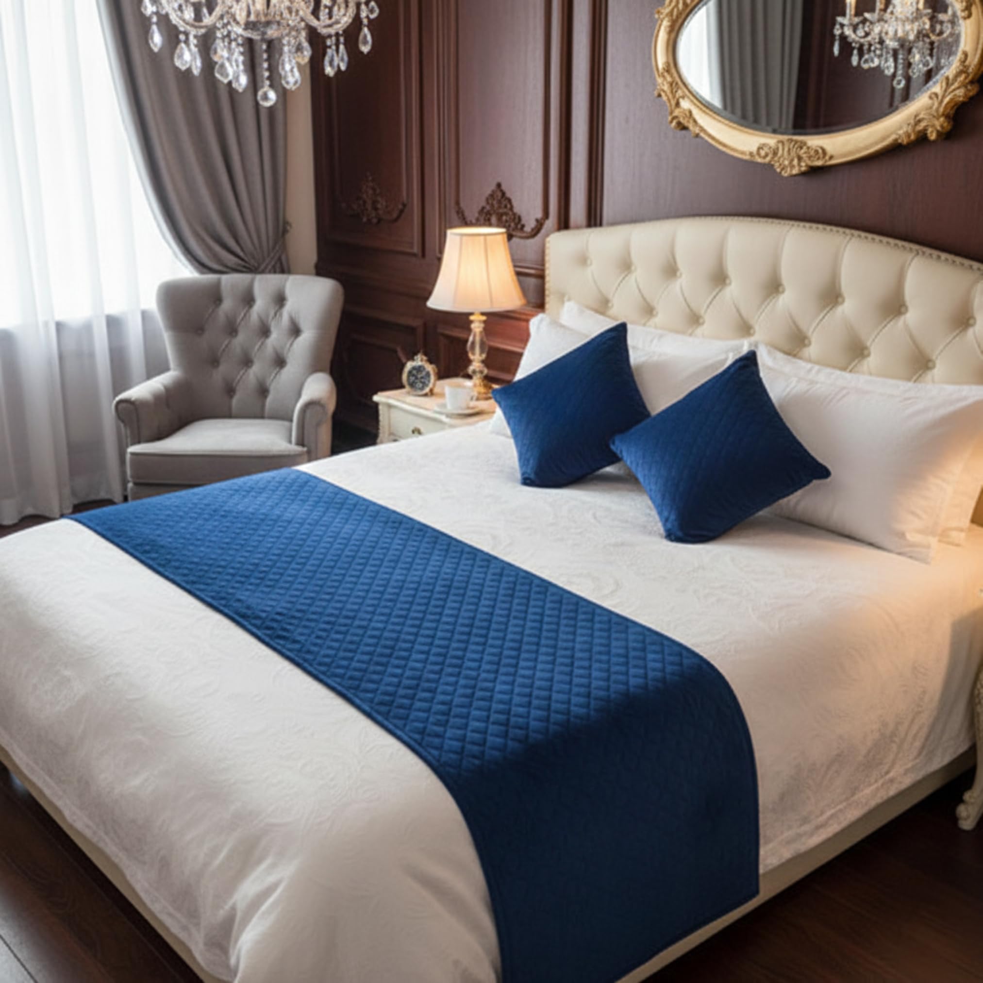 Makooz Quilted Velvet Bed Runner for 1.35m Double Bed 1Pc - Matching Cushion Covers Sold Separately - Hotel Grade No Fading Soft Bed Scarf - Bedroom Guesthouse Bedding Protection - 63x225cm Blue