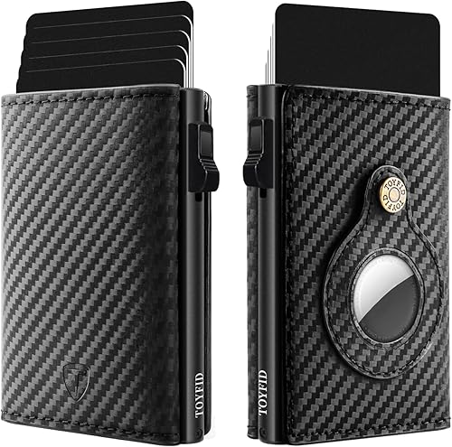 TOYFID Airtag Pop Up Wallet for Men, Card Holder Carbon Fiber Leather Trifold RFID Blocking Slim Minimalist Wallet, Magnetic Closure Card Wallet