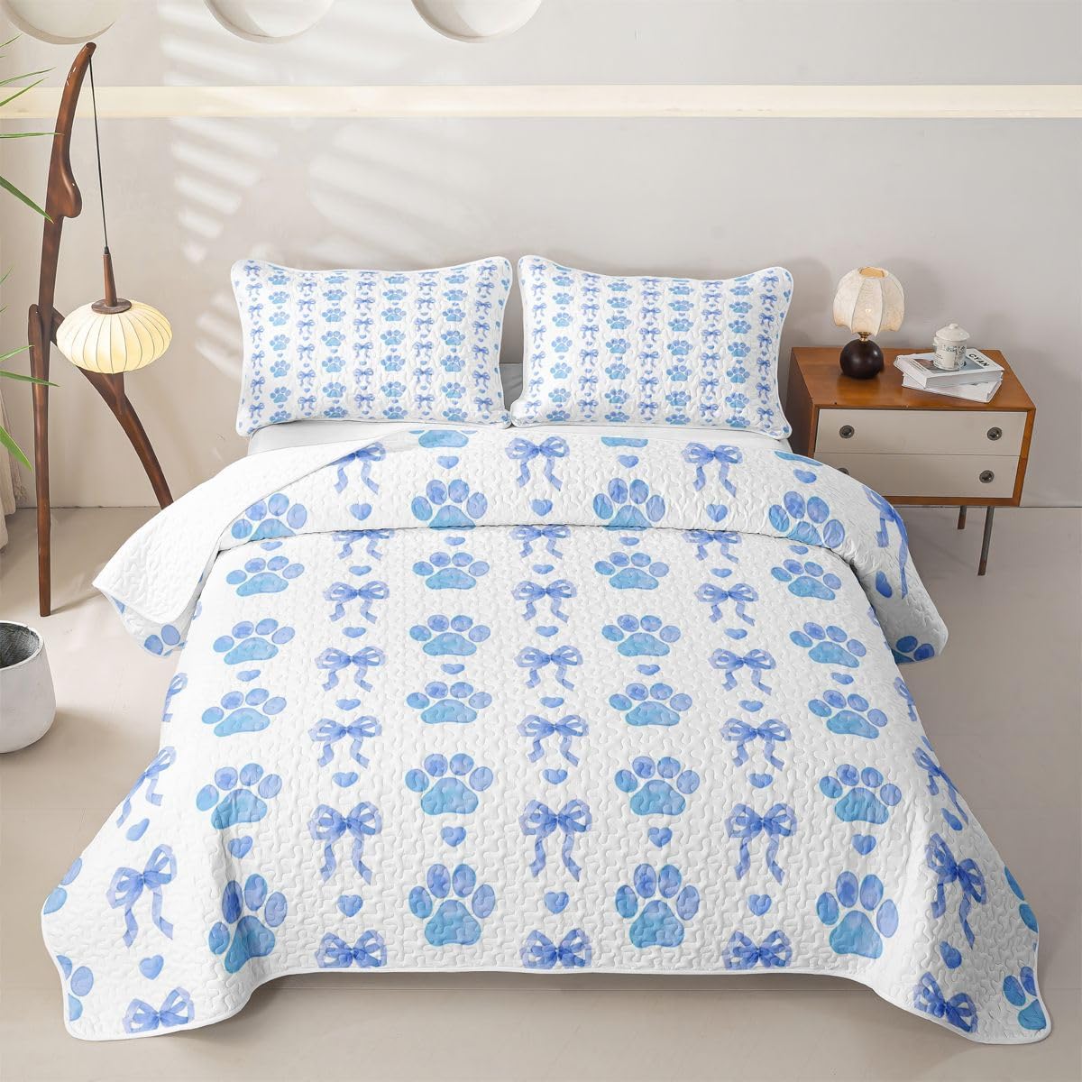 Erosebridal Girly Bow Knot Quilt Set Blue Cute Dog Paw Print Quilt Full Teens Kids Coquette Ribbon Bow Quilted Bedspread with 2 Pillowcases Kawaii Animal Footprints Coverlet