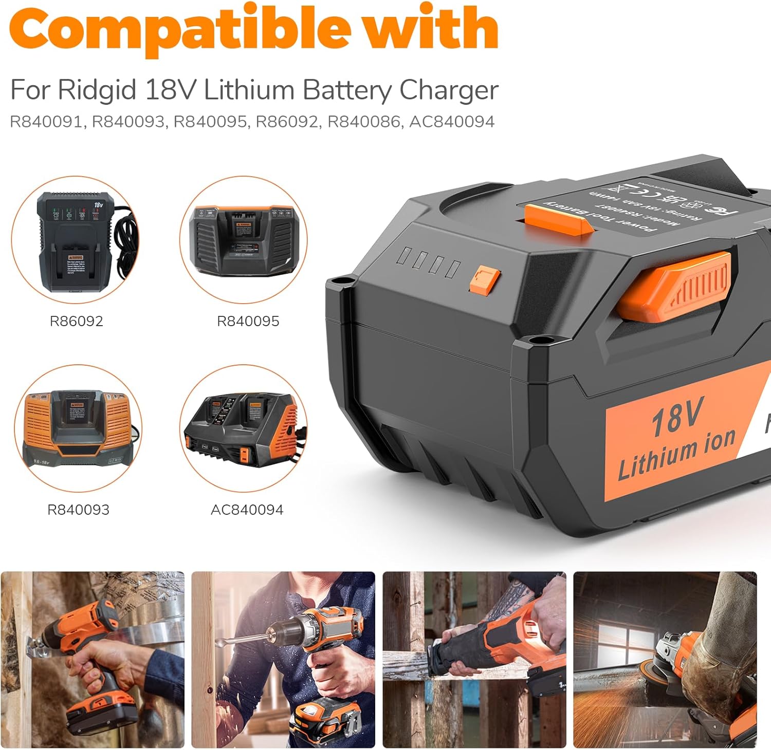 ARyee 18V 8.0Ah Replacement Ridgid 18V Battery Compatible with 18Volt R840087 R840083 R840086 R840085 R840084 AC840085 AC840086 AC840089 with R86092 Battery Charger
