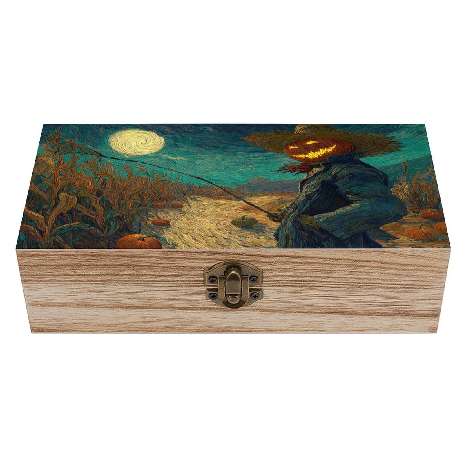 Ahdyr Scarecrow with Pumpkin Head Wooden Storage Box with Hinged Lid And Front Clasp Large Keepsake Box