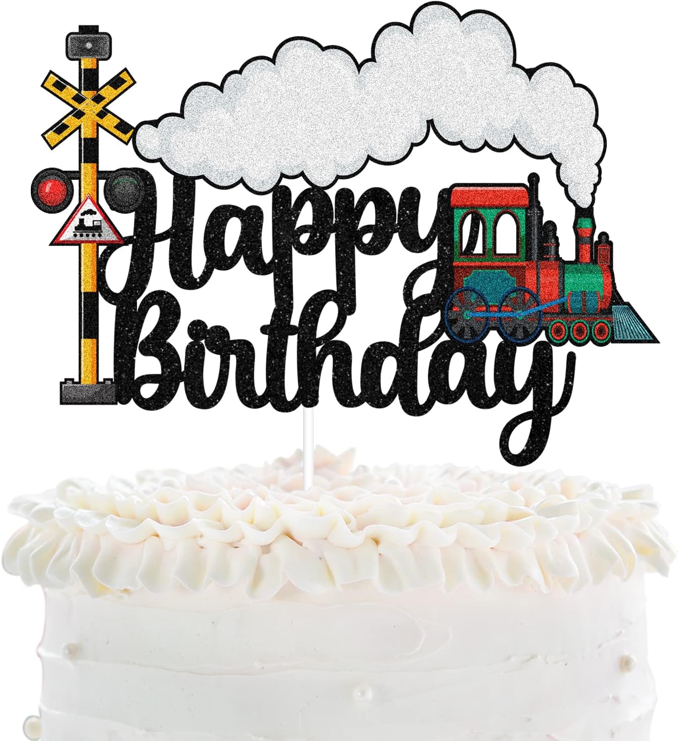 Retro Steam Train Happy Birthday Cake Topper - Transportation Railroad Crossing Glitter Cake Topper For Kids - Railway Steam Train Birthday Party Decoration