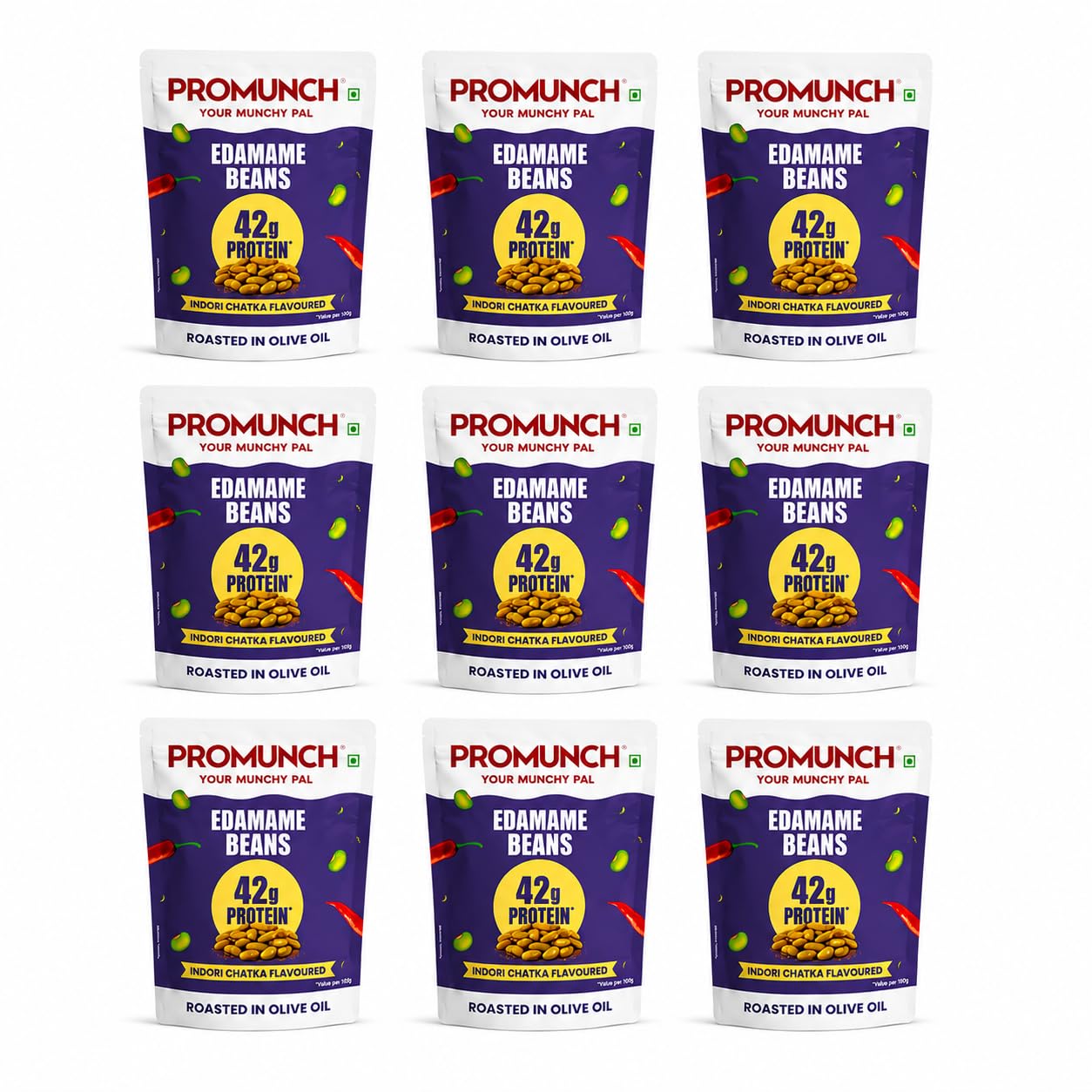 promunch roasted edamame beans - indori chatka | 42g high protein snack | no added sugar | rich in fiber | roasted in olive oil | crunchy & low in fat (pack of 9)