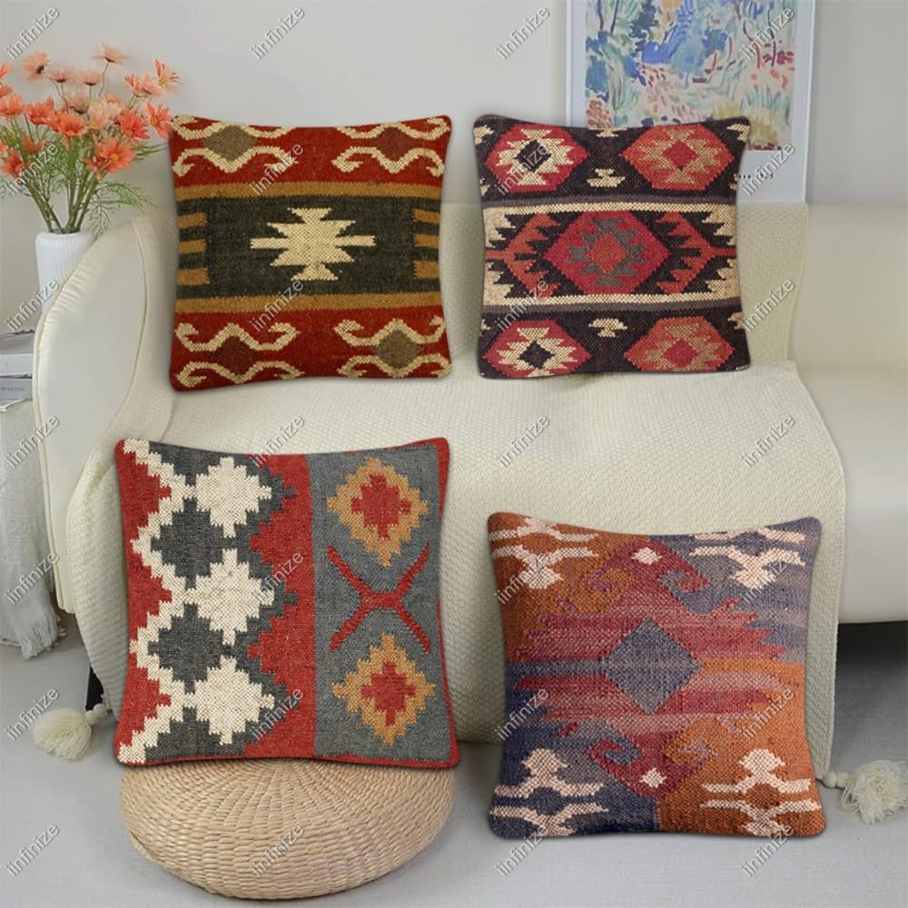 Housses de coussin vintage fait main carré 45x45 en laine et jute bohème