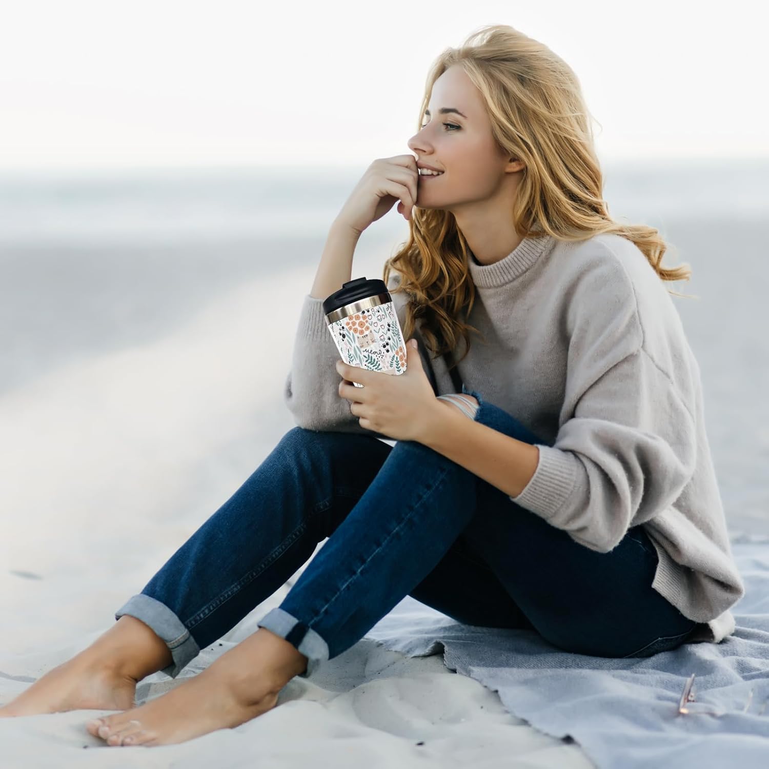 Cat and Floral Travel Coffee Mug with Flip Lid 13 Oz, Stainless Steel Insulated Tumbler Cup for Cat Lover - Perfect Holiday, Birthday & Christmas Gift for Men, Women, Sister, Friend, Bestie - Image 6