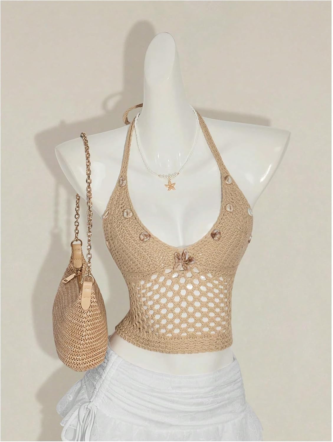 Women's Boho Knit Cropped Halter Tops Shell Decor Crochet Tops Vacation Beach Outfits - Image 5