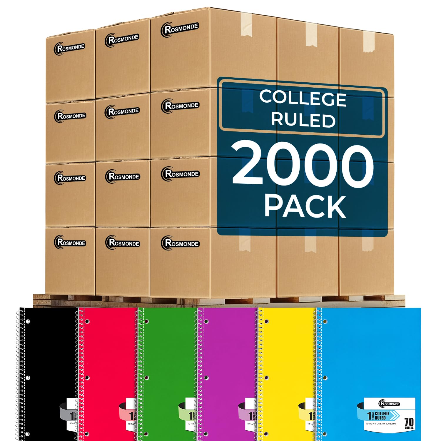 Rosmonde 2000 Packs (Pallet) 1 Subject Notebooks, Spiral Notebook Bulk, College Ruled, Pallet of Notebooks,70 Sheets (140 pages), 8 x 10-1/2",Bulk Spiral Notebooks for School & Office,4-7 Days Transit