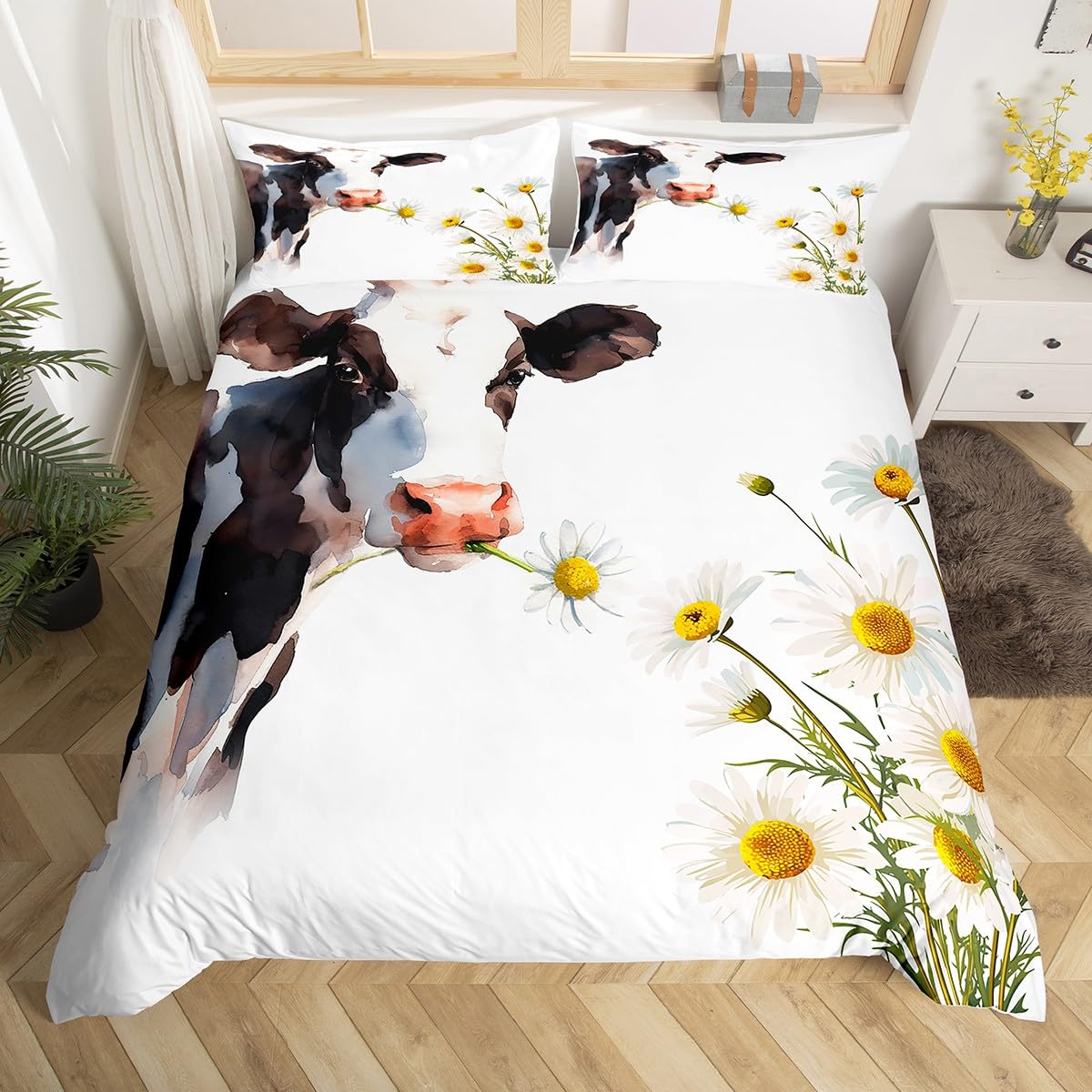 Manfei Cute Cow Kids Duvet Cover Set Double Size, White Daisy Flower Bedding Set for Boys Girls Adults Bedroom Decor, Farm Animal Theme Comforter Cover, Soft Polyester Quilt Cover, 2 Pillowcases