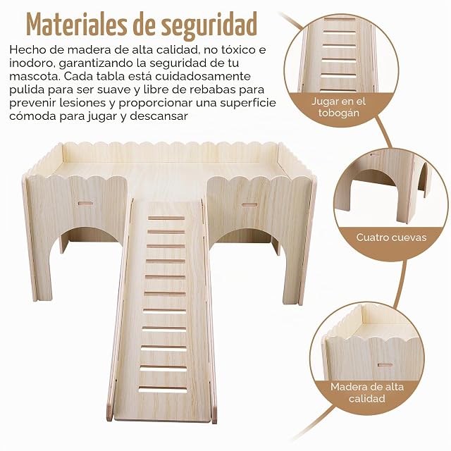 Foto 4 de 7 de WIYETY Cama de madera para conejillo de indias, casa grande con rampa y entradas, accesorios para conejillos…