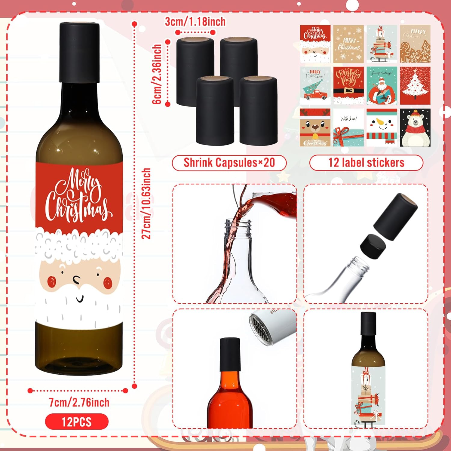 Maxcheck 12 Pcs 25 oz Christmas Plastic Wine Bottles Set with Shrink Capsules and Label Stickers Airtight 750ml Empty Liquor Bottles with Lid Brewing for Wine Making Homemade Xmas Gift (Green,Cute)