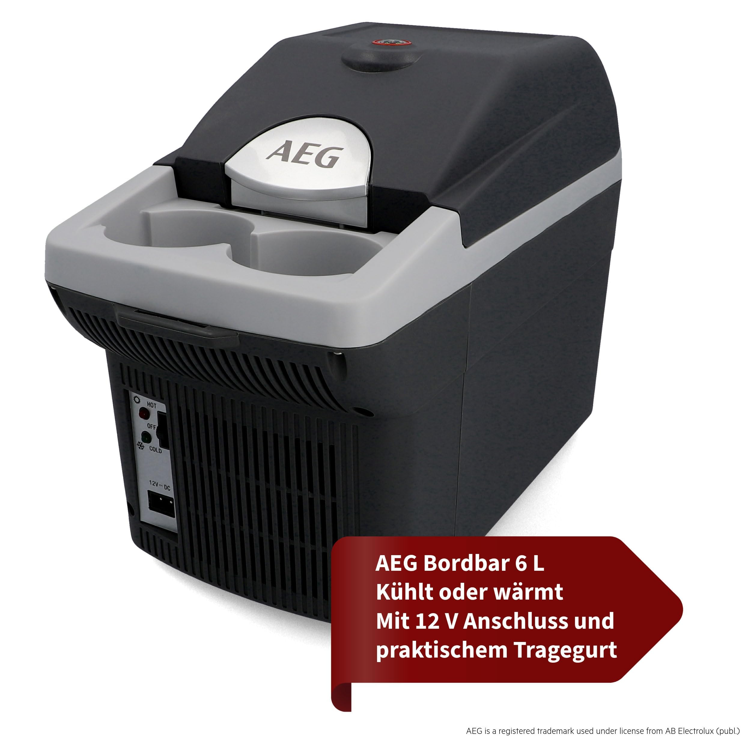 AEG Automotive Board-Bar BK 6 Thermoelektrische Kühl- und Warmhaltebox 6 Liter, 12 Volt für Auto und Steckdose, anschnallbar im PKW