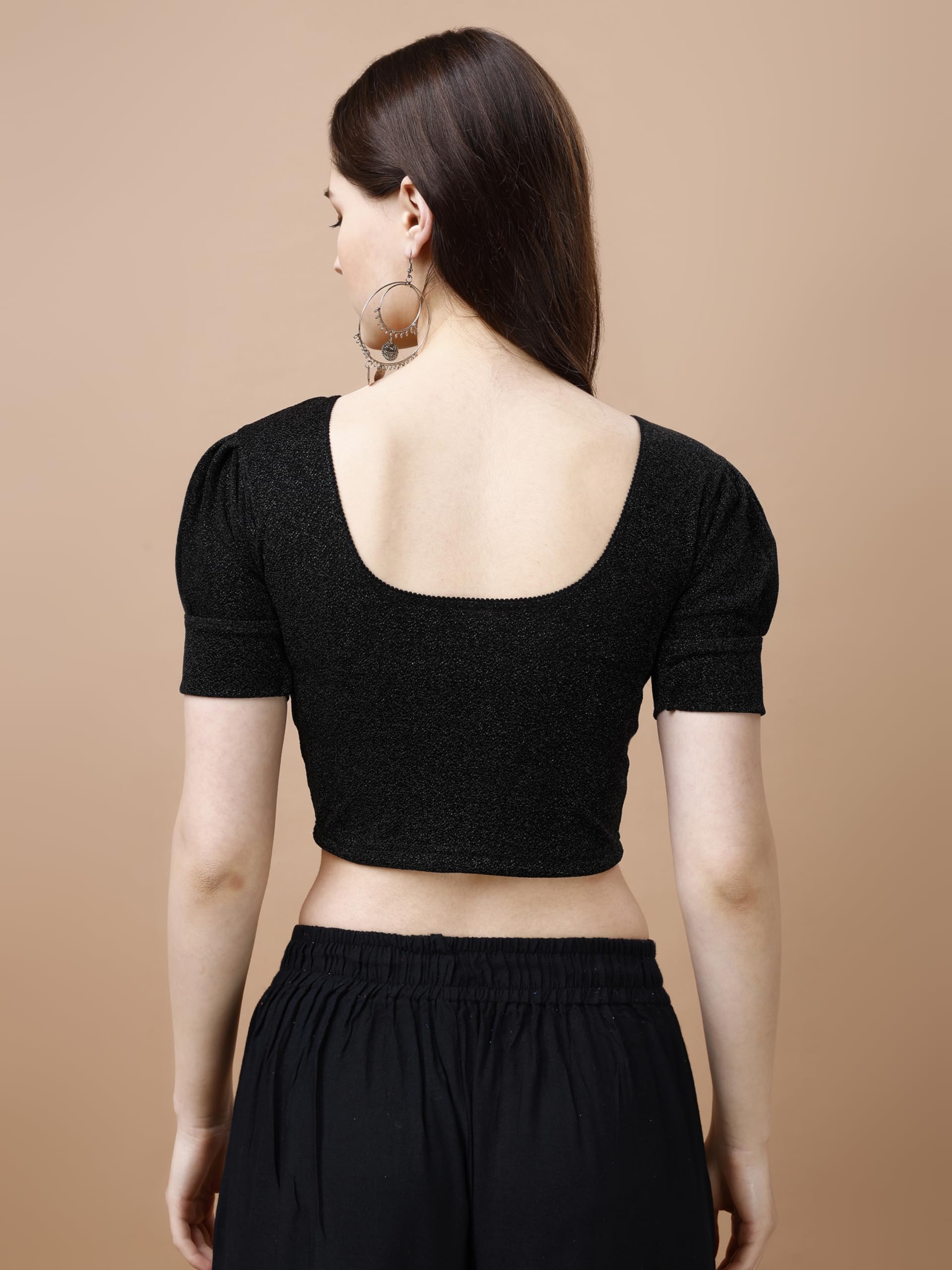 Pujia Mills Women's Readymade Shining Lycra Stretchable Round Neck Half Puff Sleeve Blouses Lycra Stretchable Black Color Blouse For Women Readymade Saree Blouse