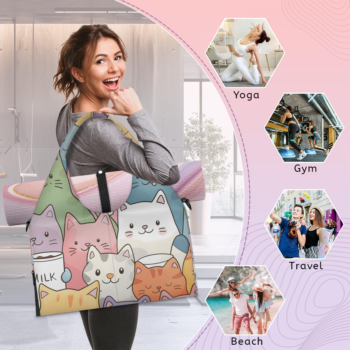 Cartoon Cats Yoga Gym Bag for Women,Sport Gym Bags with Yoga Strap,Duffel Bag,Sport Bags with Shoe Compartment and Wet Dry Pockets,Suitable for Travel,Pilates,Overnight Storage - Image 6