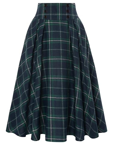 Belle Poque Plaid Skirts for Women High Waisted Midi Skirt A-line Pleated Fall Skirts 2025