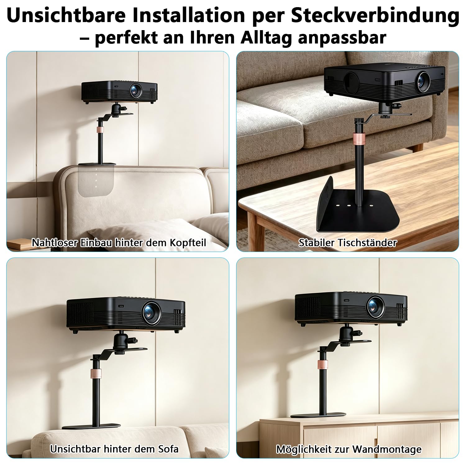 Support de vidéoprojecteur de lit, canapé, hauteur réglable de 23 à 37 cm, sans perçage, support de table rotatif à 360°, base en métal stable, montage facile, universel pour table de chevet