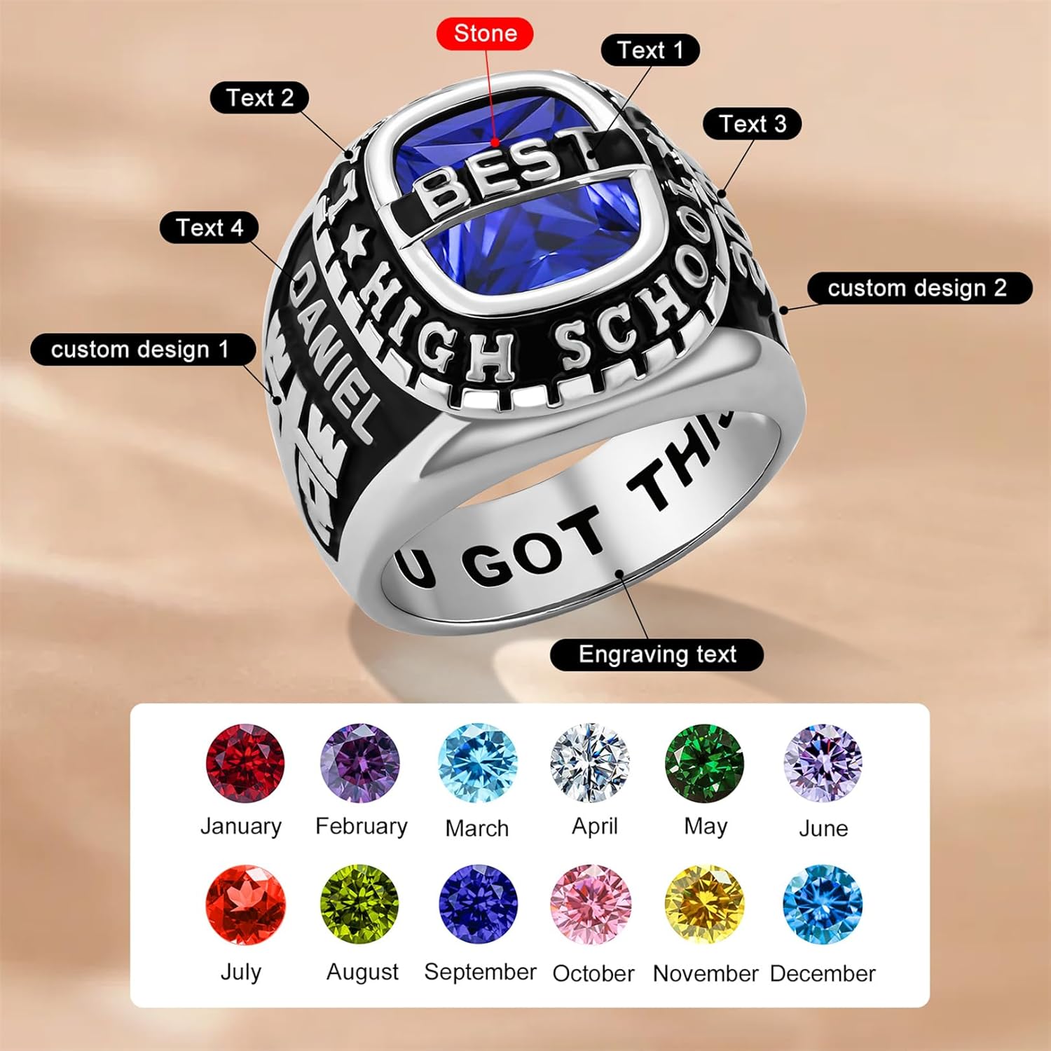 LucySky Class Rings for Men Custom Class Ring with Logo Symbol Personalized Men's Class Ring Graduation Rings for Men Women High School College University Graduation Gifts