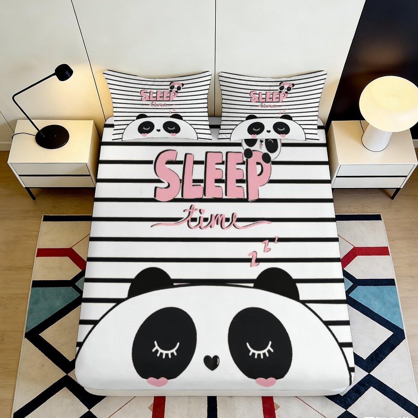 3D Printed Panda Stripe Fitted Sheet Microfiber Soft Anti-Slip Cartoon Mattress Cover for Bedroom Dorm Guest Room Decor 140x200x25cm
