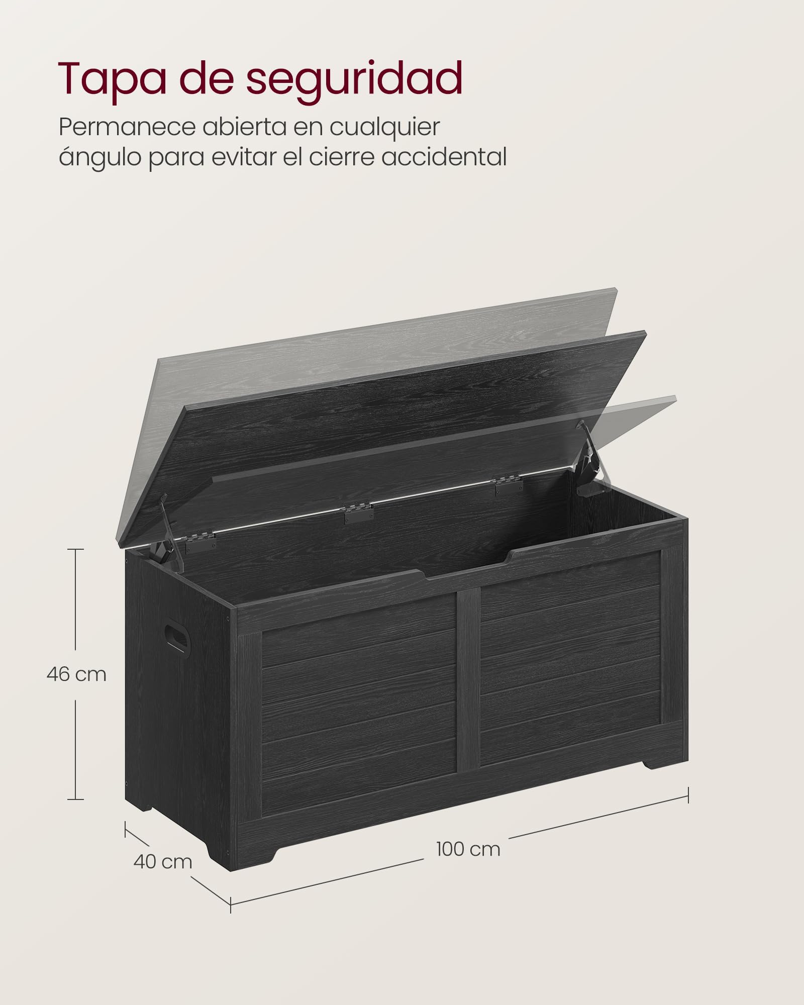 VASAGLE Puff Almacenaje con 2 Bisagras de Seguridad, 40 x 100 x 46 cm | Baúl, Banco Zapatero, Estilo de Campo, para Pasillo Dormitorio Salón, Gris Carbón, Colección SOFIE LSB061B01