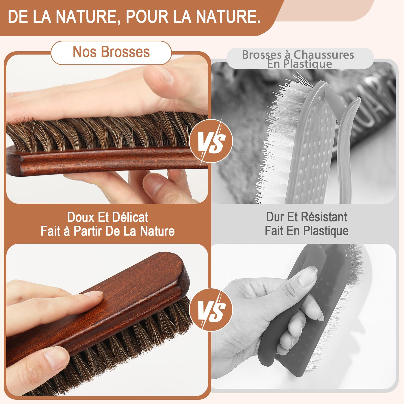 Kit 4 Pièces Brosse à Chaussures 100% CRIN de Cheval Set Entretien Cuir Bois de Hêtre Nettoyage Daim Sneakers Bottes Brosse à Luire Applicateur Chiffon Polissage Doux Naturel Cadeau Homme Coffret