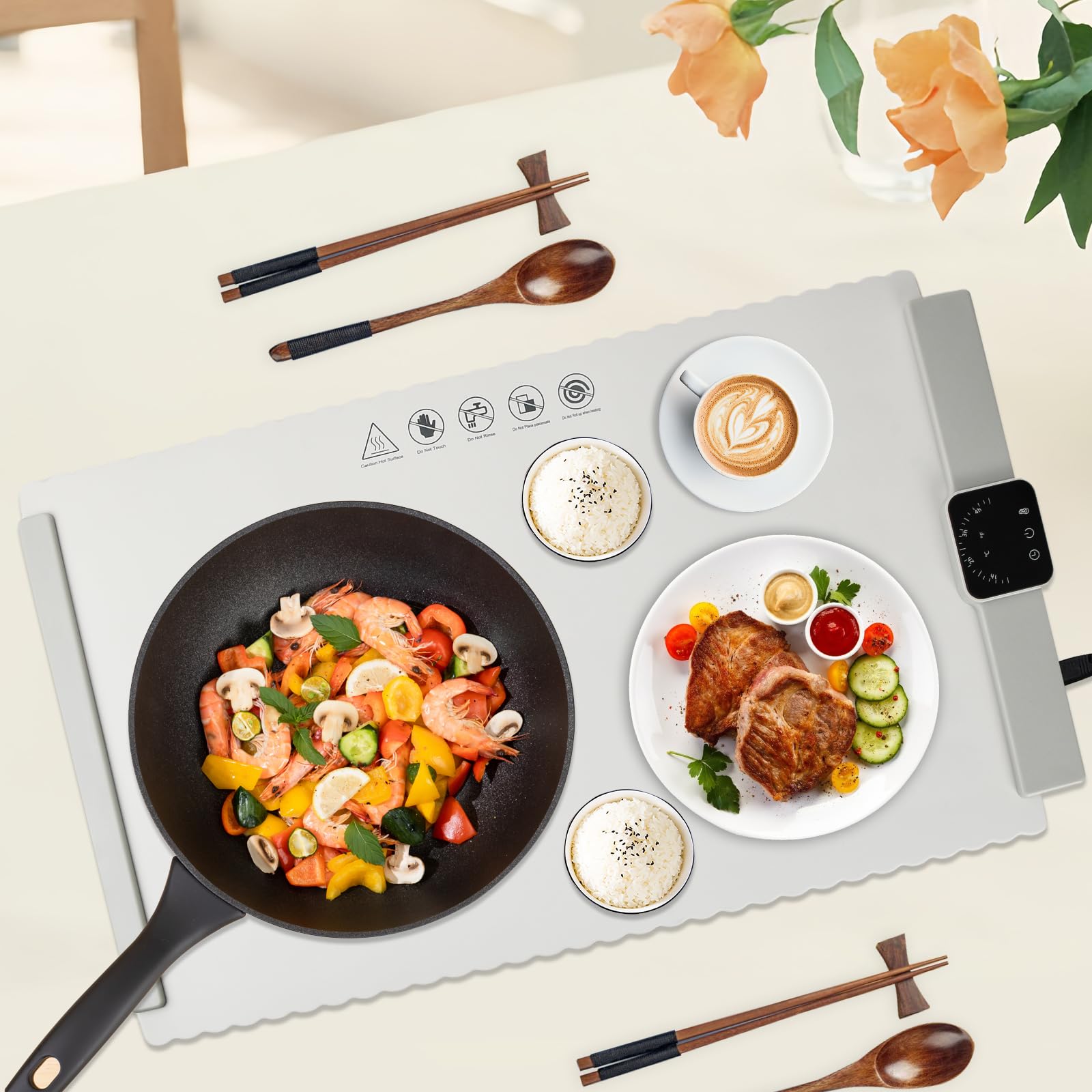 Bandeja Calentadora Eléctrica, Calentador de Alimentos de Silicona, Placa Calentadora de Alimentos Plegable con Temperatura Ajustable, Bandeja de Calentamiento de Alimentos para Familia
