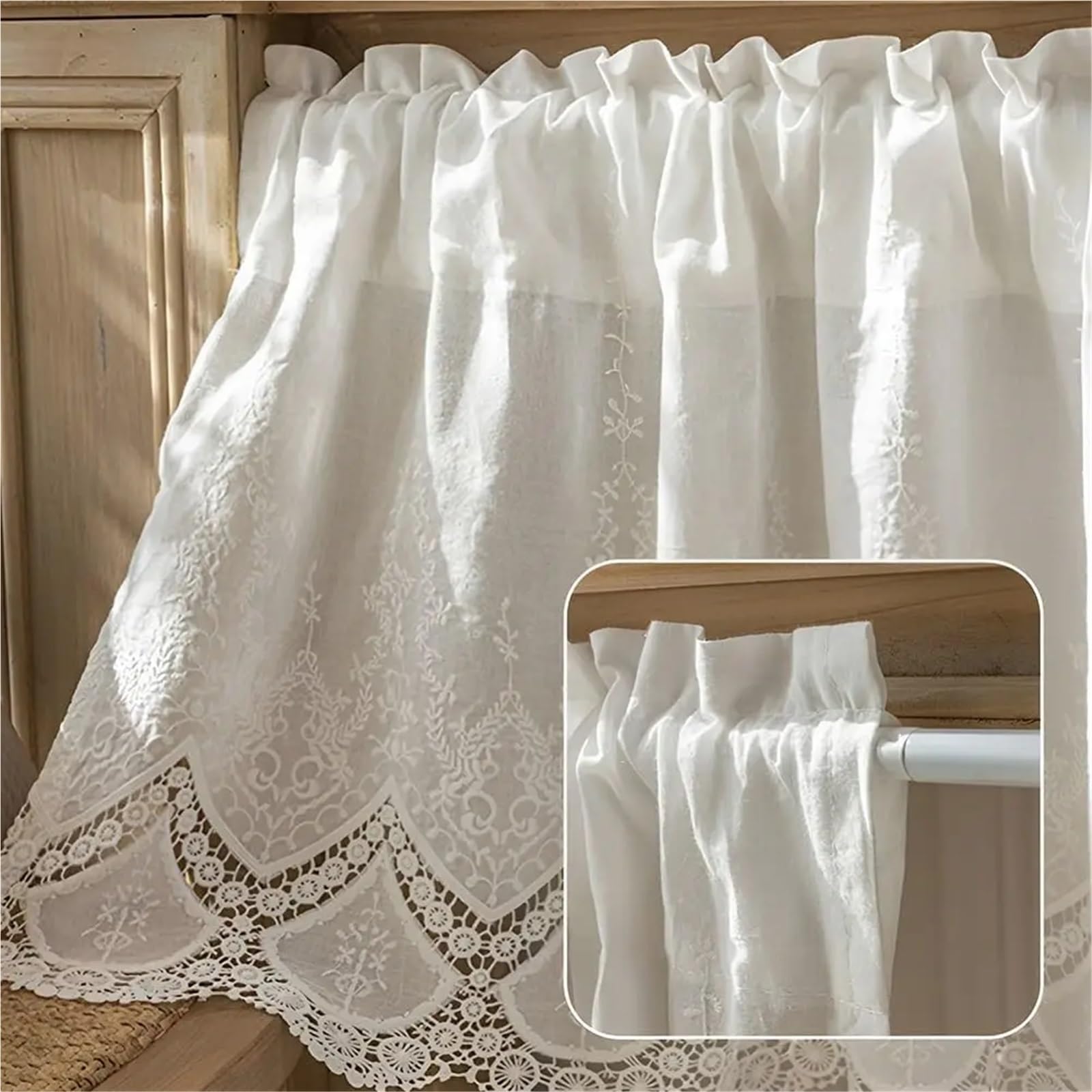 Tende Corte Tenda in cotone stile fattoria, elegante tendaggio for finestre in pizzo floreale, bianca corta for libreria da cucina e camera da letto(W200xH110cm)