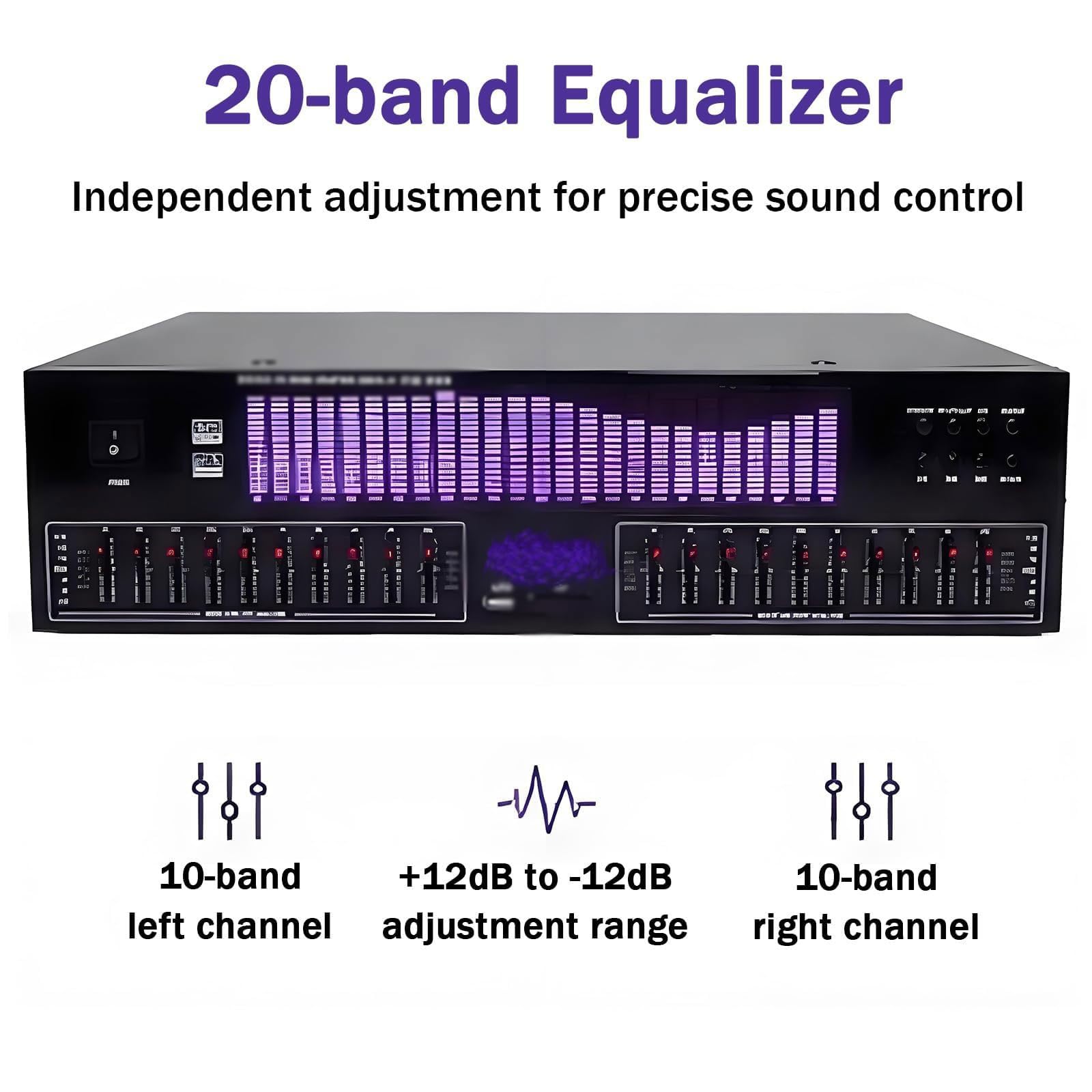 Ecualizador gráfico Hi-Fi, procesador de ecualización estéreo de 20 bandas, sistemi de ajuste de audio, analizador de espectro LED, 15 modos dinámicos y control remoto; ideal para