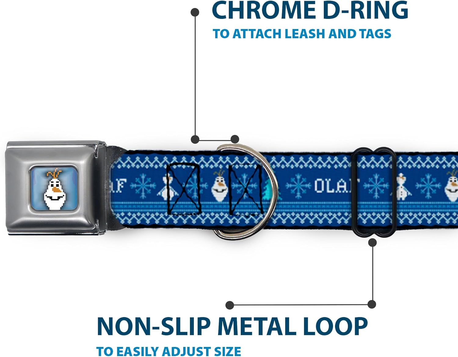 Buckle-Down Seatbelt Buckle Dog Collar - Olaf/Snowflakes Stitch Blues/White - 1.5" Wide - Fits 16-23" Neck - Medium
