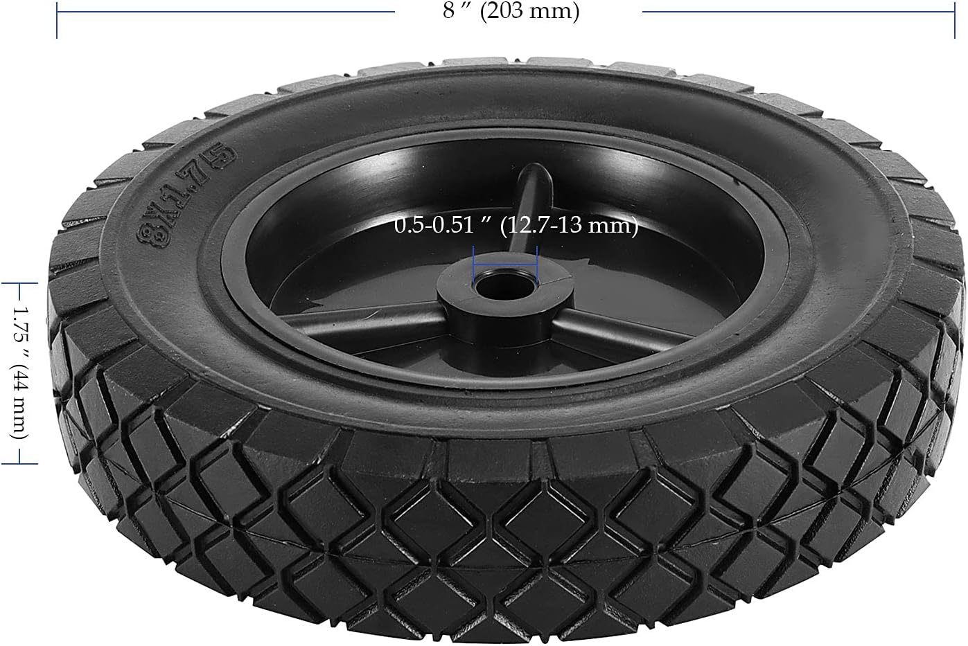 4 PCS 8 x 1.75 inch Solid Rubber Hand Truck Wheel, Universal Flat Free Lawn Mower Wheels with 1/2 Inch Axle, Replacement Tire for Hand Truck Dolly Cart Compressor, 110 LBS Load Capacity