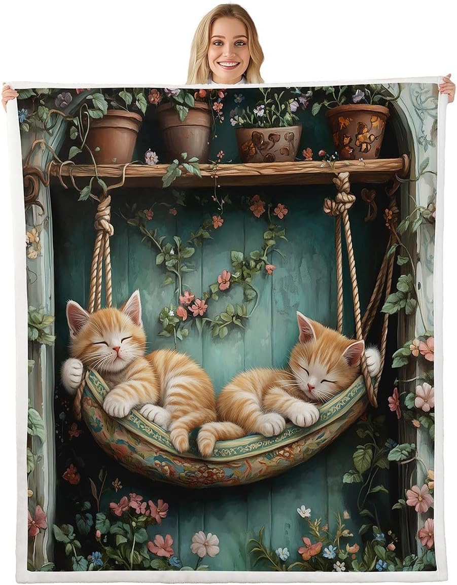 Sleeping Cats Fleece Blanket,Rustic Graden Leaves Flowers Teal Wooden Plank Bed Blanket for Kids Teens,Lovely Kitten Pet Animal Flannel Blankets for Room Decor,Queen 90"x90"
