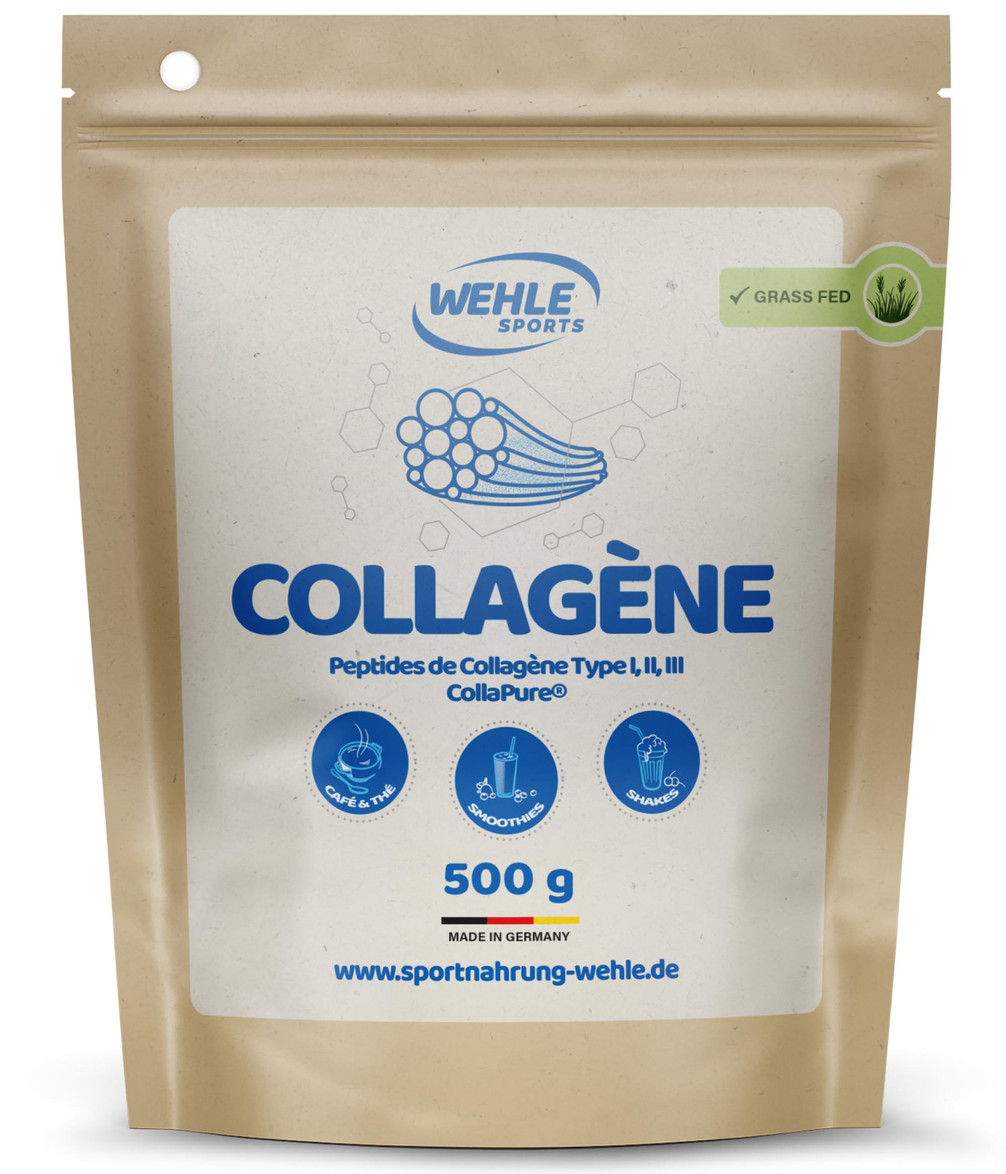 Collagene en poudre 500 g – Peptide de collagene types I, II & III (CollaPure®) – Collagène bovin nourri à l’herbe – Goût neutre – Fabriqué en Allemagne – Wehle Sports Collagen
