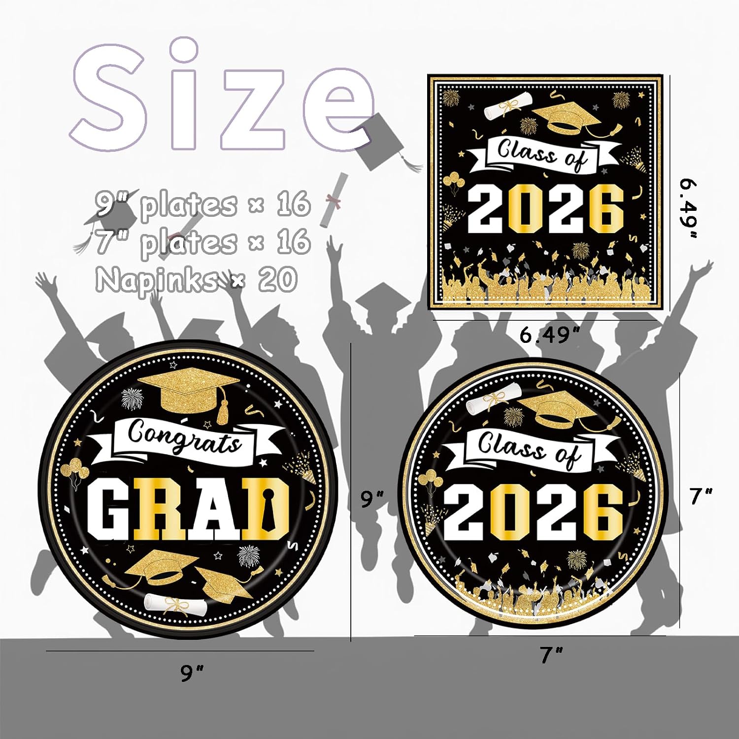 2026 Graduation Party Supplies Black & Gold Disposable Plates and Napkins, Class of 2025 Tableware Set for College and High School Graduation Parties, Serves 16 image 2