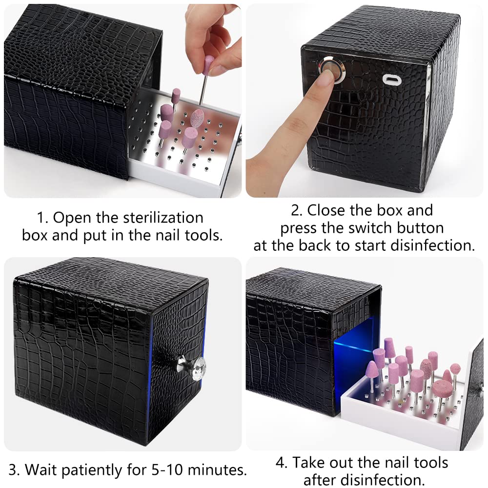 Nail Drill Bit Holder,Blue UV Light Box for Grinding Heads Dustproof Stand Displayer Acrylic 48 Holes Nail Salon Organizers Manicure Tools with USB Charging, Black (Not Inlcude Drill Bits)