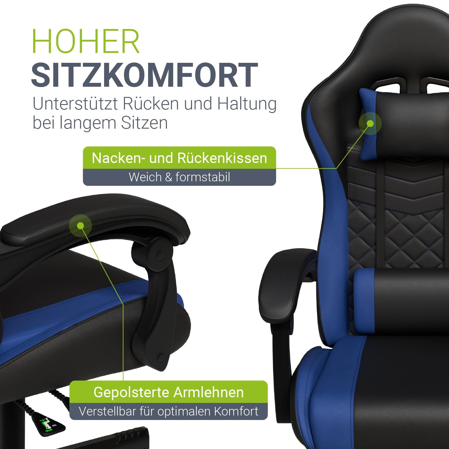 Juskys® Gamingstuhl HyperSeat — Höhenverstellbar, verstellbare Rückenlehne & gepolsterte Armlehnen, Kunstleder, ergonomisch & belastbar — Schwarz/blau