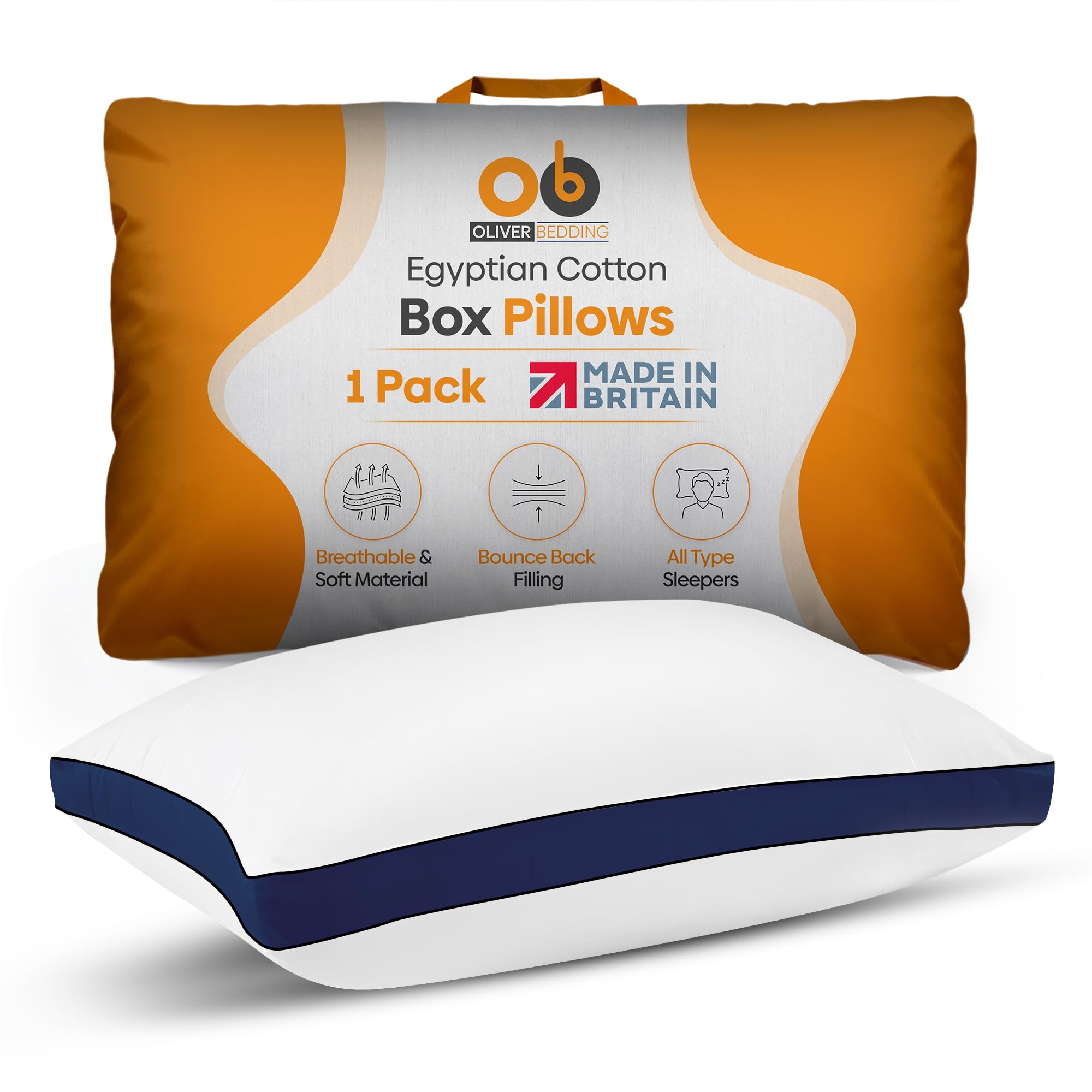 Premium Egyptian Cotton Box Pillows Hotel Quality Pillows for Back Stomach and Side Sleepers Down Alternative Filling Bed Pillow Hypoallergenic Breathable Washable Cover (Pack of 1) (Navy)