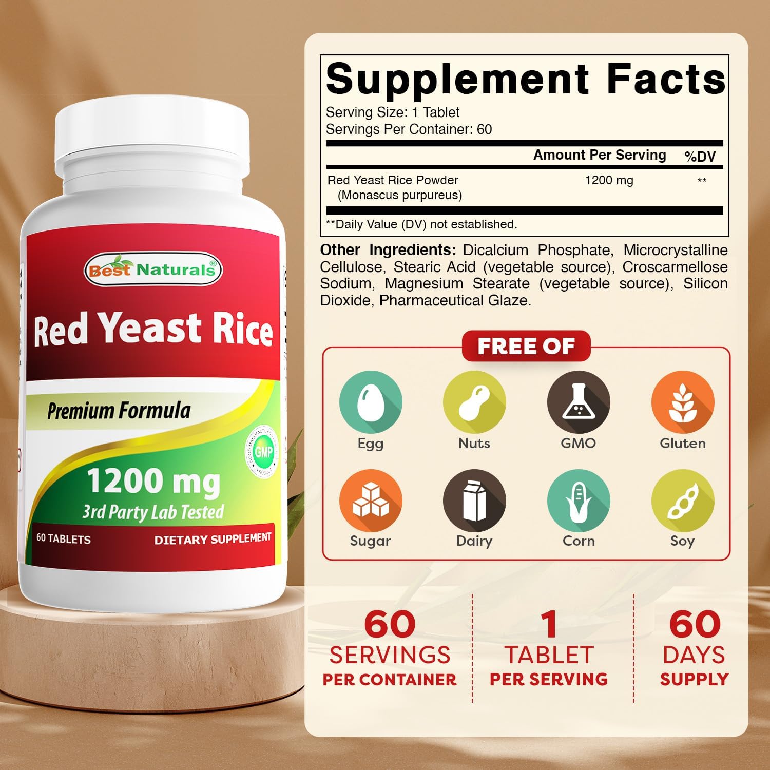 Best Naturals Red Yeast Rice 1200 Mg Tablet for Healthy Cholesterol Level, 60 Count (Pack of 6)