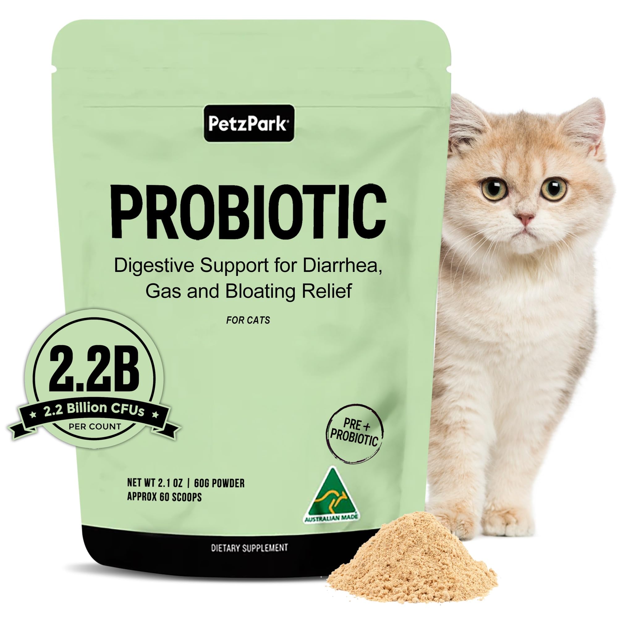 Probiotic for Cats & Kittens - Cat Probiotic Powder for Hairball Prevention, Digestive Support, Immune Health, Prebiotics, and Diarrhea Relief -