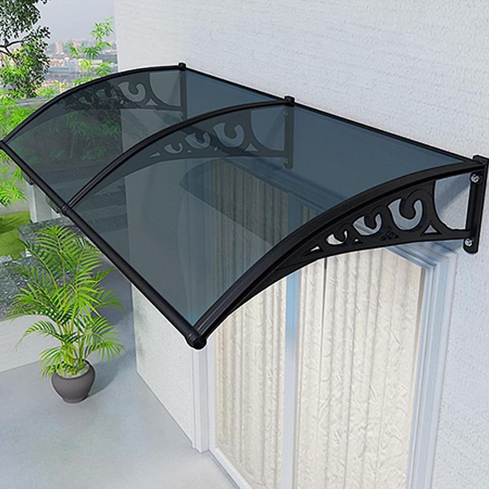 Auvent de porte anti-UV et pluie en polycarbonate gris avec support acier