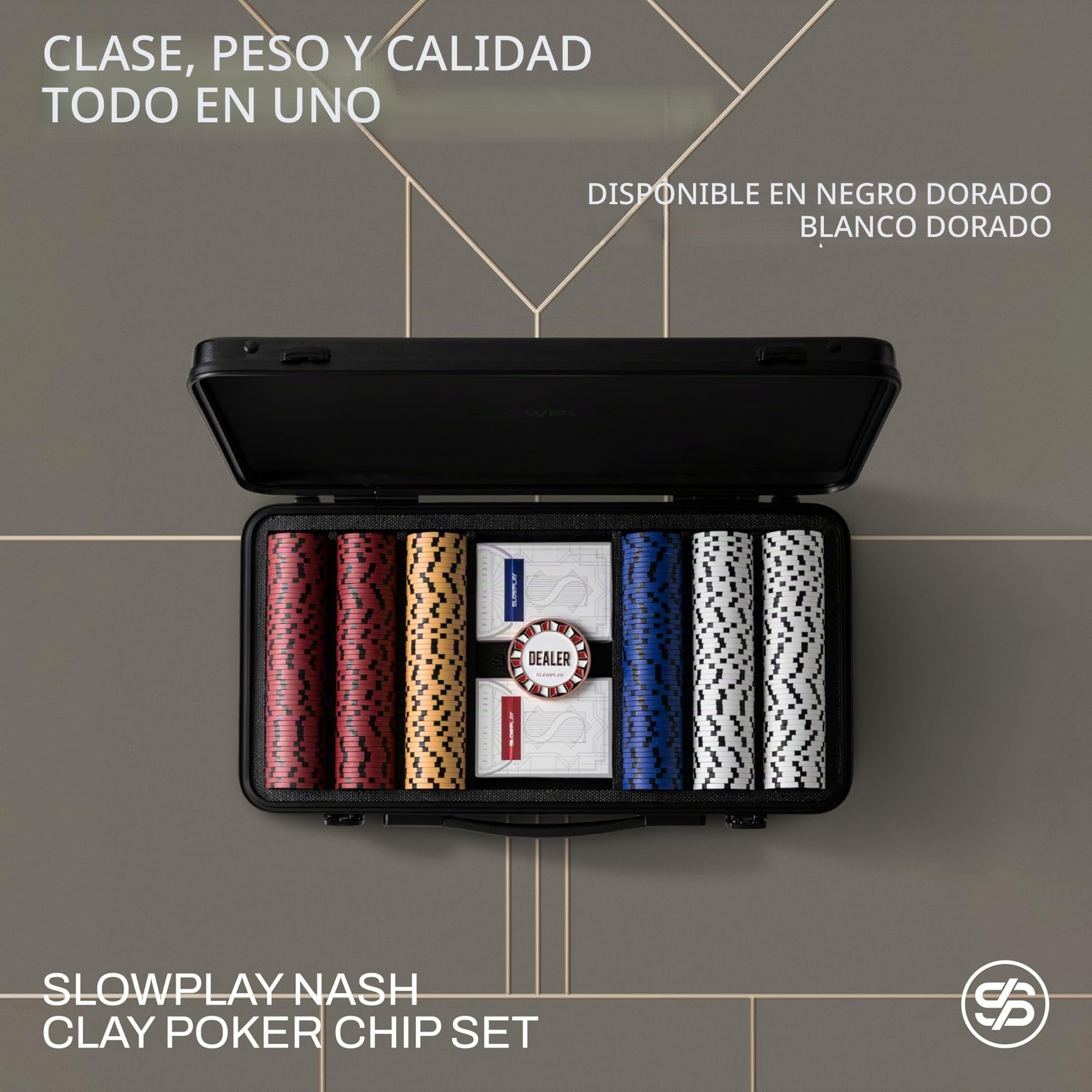 SLOWPLAY Set de póker Nash | Maletin Poker, Chips de Arcilla, 14g | Profesional pokerset con botón del crupier y Cartas de plastico | Black Gold | Full Set-500 fichas de póker numerado