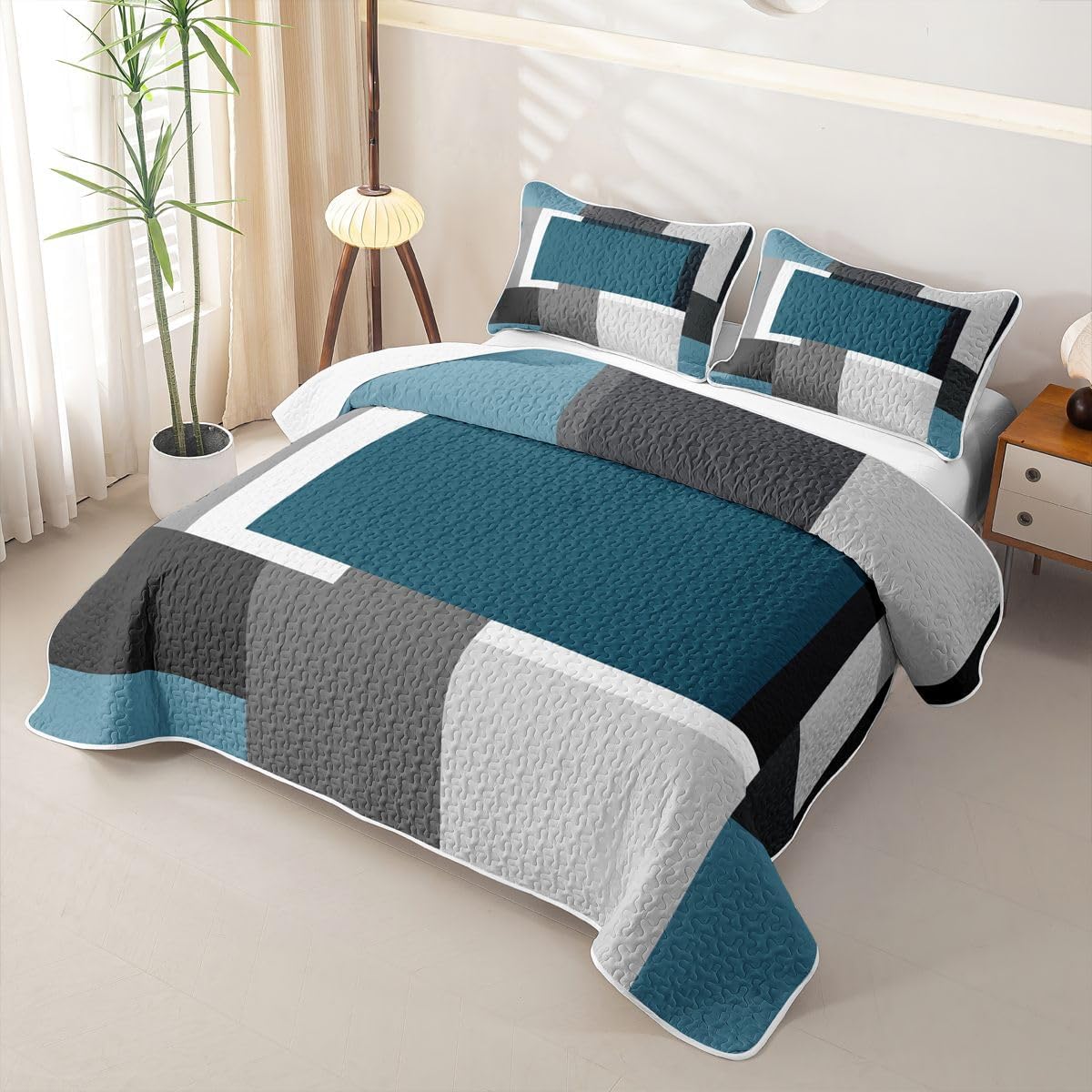 Modern Turquoise Quilt Set Full Black White Grey Geometric Quilted Bedding Patchwork Checkered Grid Bedspread Coverlet For Kids Boys Girls,Modern Abstract Quilt Comforter Lightweight Quilted Blanket